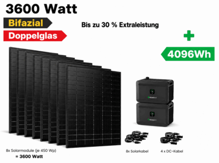Steckerkraftwerk mit 4 KW Speicher & 8 bifacialen Solarmodulen mit 3600 Watt